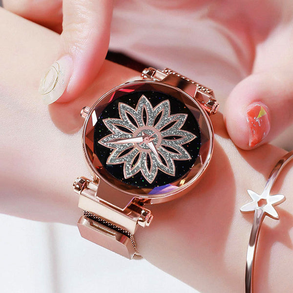 Deffrun Shining Elegant Design Flower Dial Case Ladies Wrist Watch Milan Steel Quartz Watches