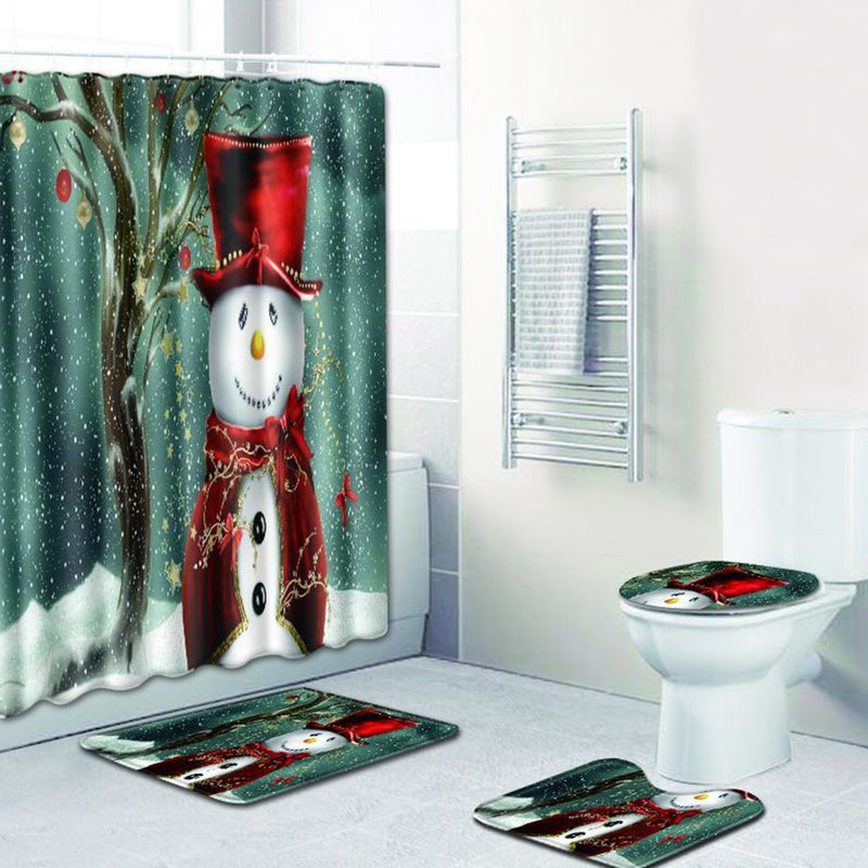 4PCS Xmas Bath Mat Set Non-slip Floor Rug Bathmat Toilet Cover Shower Curtain