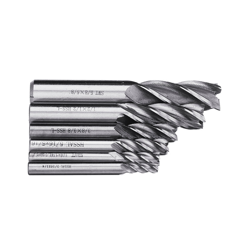 6pcs 3/16-5/8 Inch Imperial Milling Cutter Set High Speed Steel CNC Milling Bit Spiral End Mill Cutter