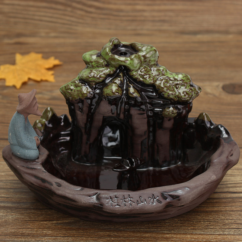 Ceramic Backflow Incense Burner Holder Mountain Stream Fragrant Cone Censer Home Furnace Decor