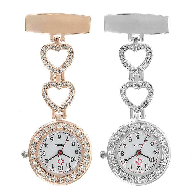 Luxury Stainless Steel Strap Crystal Heart Dial Quartz Fob Medical Nurse Pocket Watch