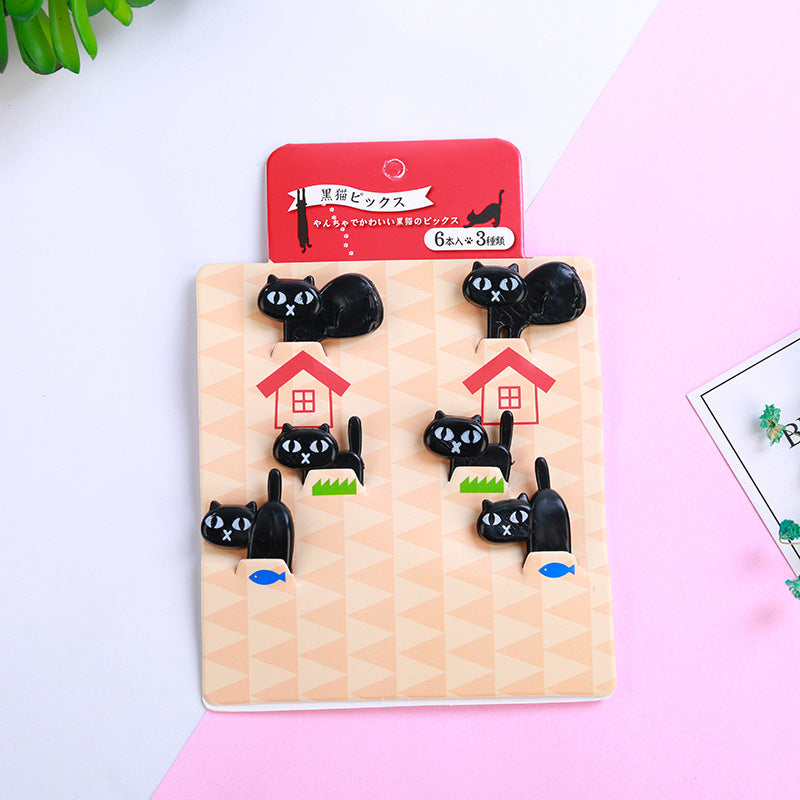6Pcs Mini Animal Fork Fruit Picks Cute Cartoon Black Cat Children Fork Toothpick Novelties Toys