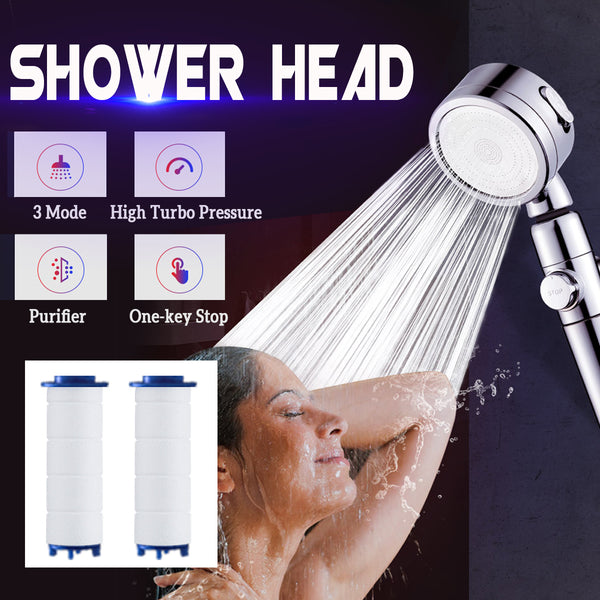 High Pressure Adjustable Bath Shower Head Turbo One-key Stop Button With 2Pcs Filter