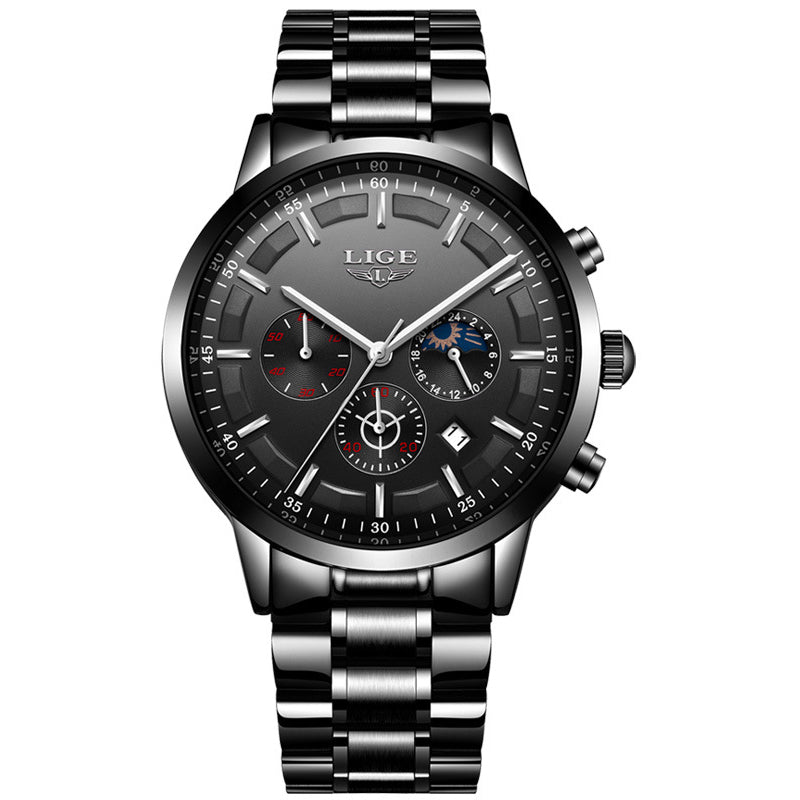 LIGE 9877 Business Style Waterproof Men Wrist Watch Luminous Display Full Steel Quartz Watches