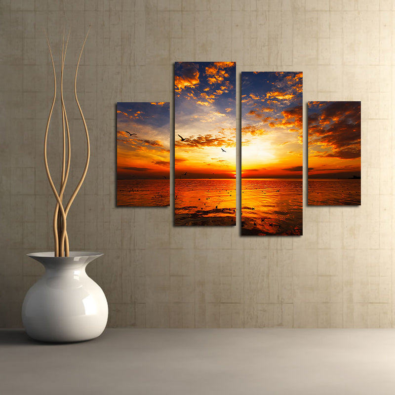 Miico Hand Painted Four Combination Decorative Paintings Sea Sunset Wall Art For Home Decoration