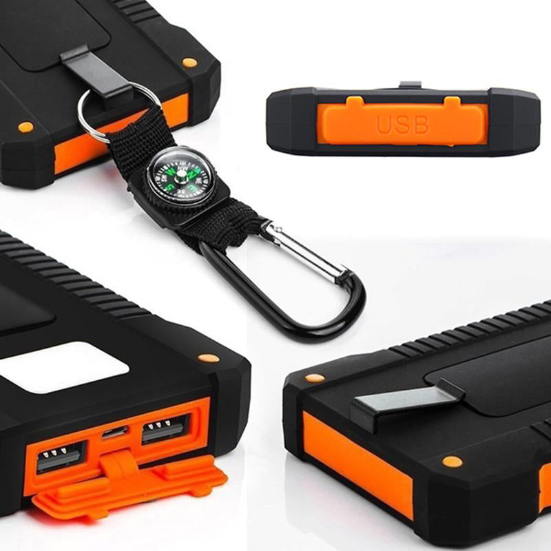 5000Mah Portable Solar Power Bank Dual USB Efficient Charger with LED Lamp Compass Climbing Hook