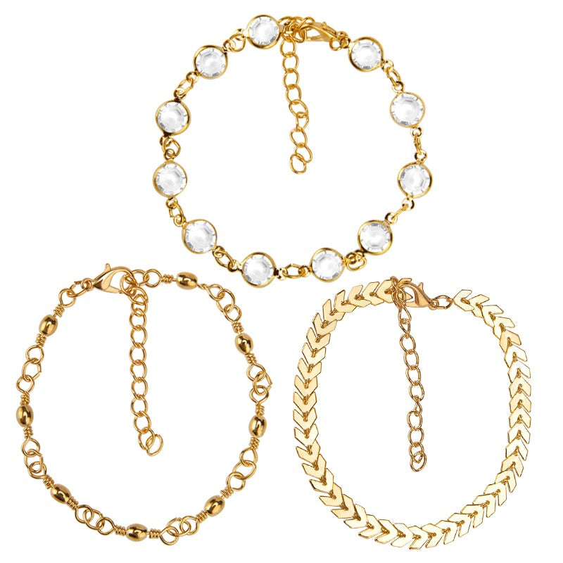 Stylish Arrow-studded 3 Pieces/ Set Gold Alloy Rhinestone Anklet For Women