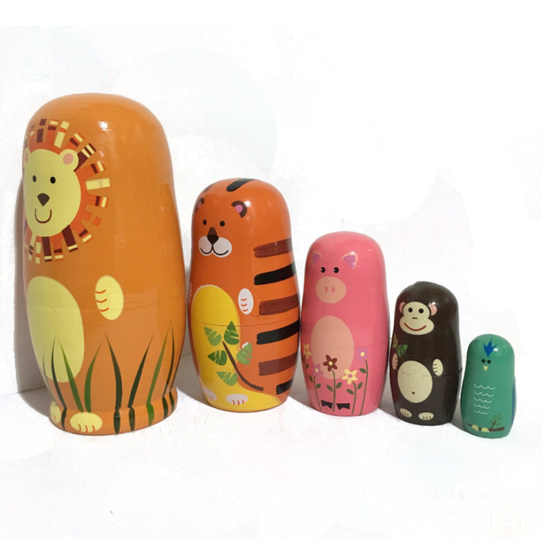 5Pcs/Set Russian Nesting Dolls Wooden Handmade Painting Animals Matryoshka Dolls Decorations