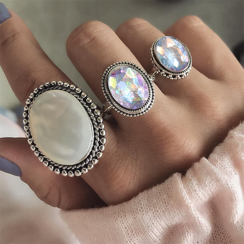 3Pcs/set Statement Silver Color Ring Set Big Gem Stone Women's Oval Boho Knuckle