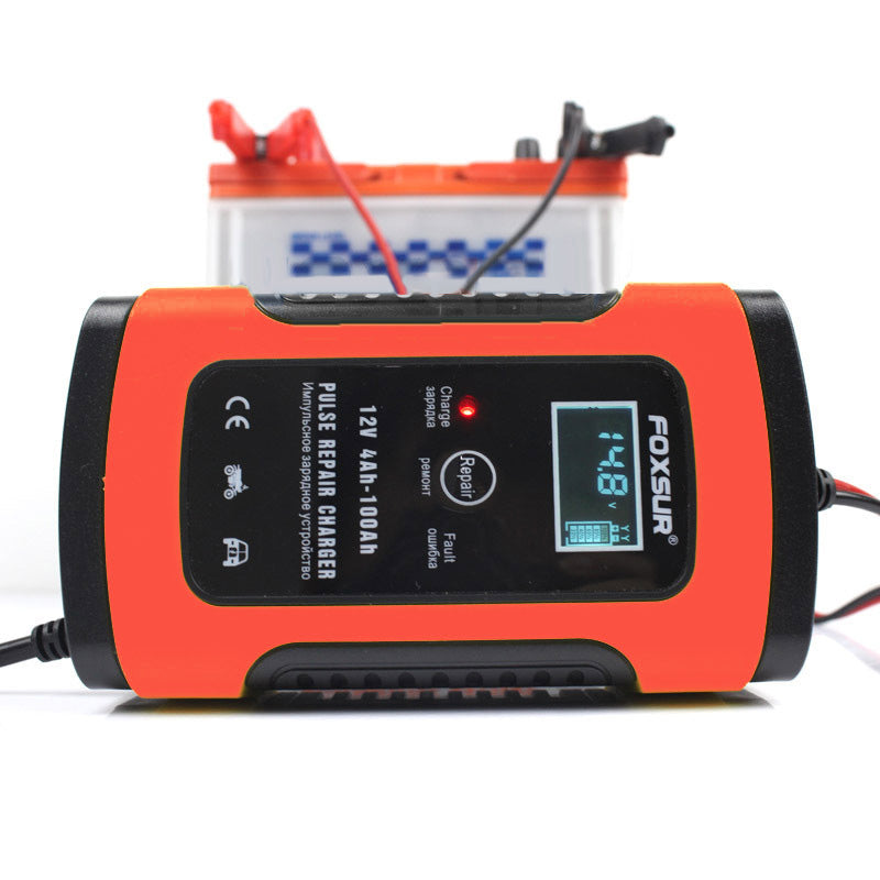 FOXSUR 12V 5A Pulse Repair LCD Battery Charger Red For Car Motorcycle Agm Gel Wet Lead Acid Battery