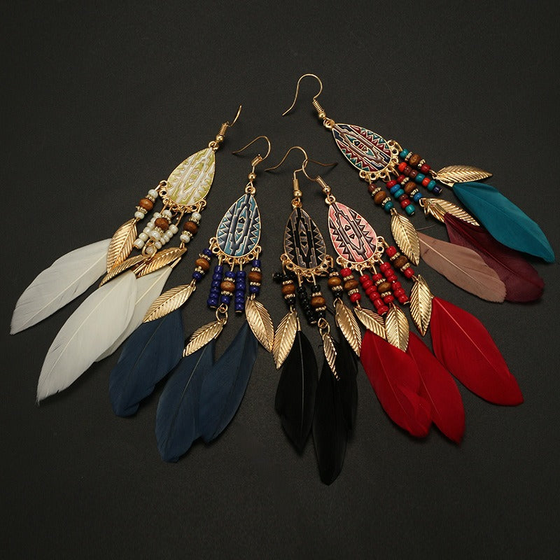 Bohemian Feather Drop Earrings Long-Style Tassels Earring Retro Women Ear Drop