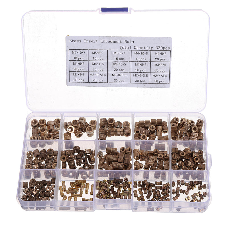 Suleve MXBN7 330Pcs M2/M3/M4/M5 Knurled Brass Round Female Thread Knurled Nuts Round Insert Embedment Nut Assortment Set