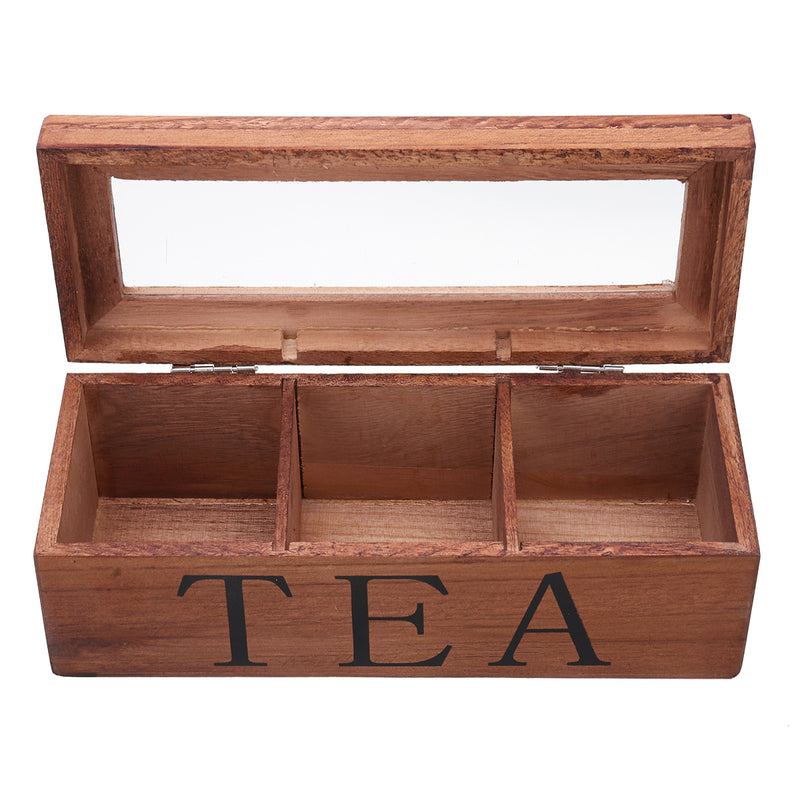Tea Bag Stores Wooden Tea Box 3 Compartments Hinged Glass Lid Tea Organizer Jewelery Box Storage