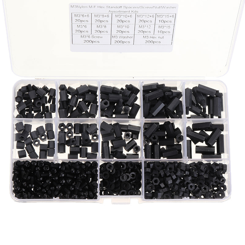 Suleve M3NH17 780Pcs M3 Nylon Screw Black Hex Screw Nut PCB Standoff Spacer Column Assortment Kit