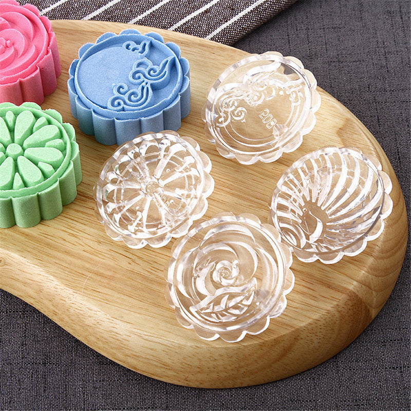 4 Stamps Moon Cake Mould 3D DIY Transparent Round Mooncake Mold Mid-autumn Festival Baking Accessories