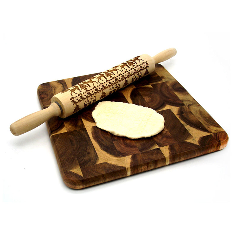 Christmas Elk Print Rolling Pin Engraved Rolling Pin Wooden Embossing Embossed Baking Tools