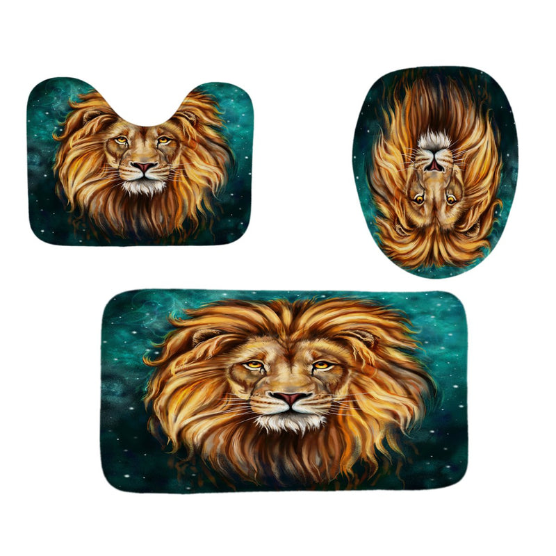 4 Pcs Bathroom Bath Mat Set Anti Slip Rugs Toilet Lid Cover Tiger Shower Curtain