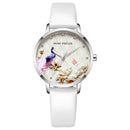 MINI FOCUS MF0330L Fashion Women Peacock Flower Pattern Genuine Leather Quartz Watch