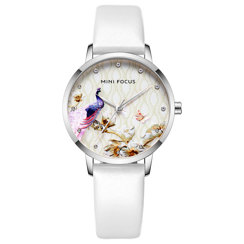 MINI FOCUS MF0330L Fashion Women Peacock Flower Pattern Genuine Leather Quartz Watch