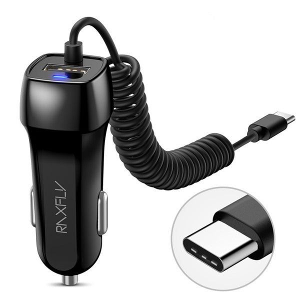 RAXFLY 2.1A LED Indicator Fast Car Charger With Spring USB Cable For Oneplus 6 5t Xiaomi Mi8 S9