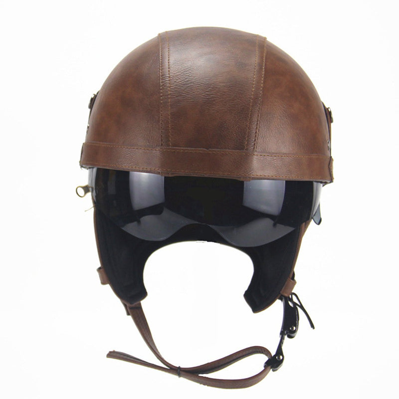 Retro PU Motorcycle Half Helmet Open Face With Visor Motorbike Scooter Cruise Safety
