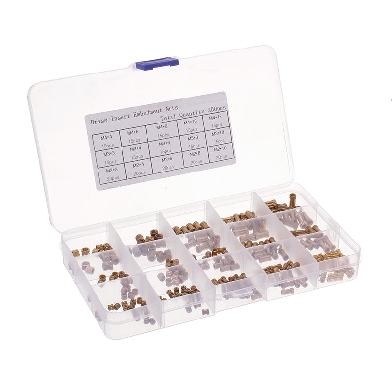Suleve MXBN3 250pcs M2/M3/M4 Metric Threaded Brass Knurl Round Insert Nut Assortment Set
