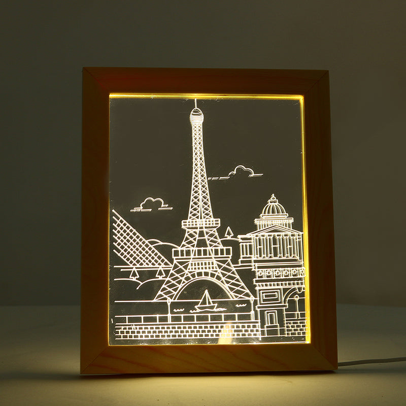 KCASA FL-712 3D Photo Frame Illuminative LED Night Light Wooden Eiffel Tower Christmas USB Lamp