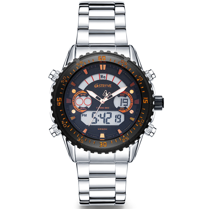 STRYVE S8020 LCD 5ATM Waterproof Week Display Full Steel Fashion Men Dual Display Digital Watch