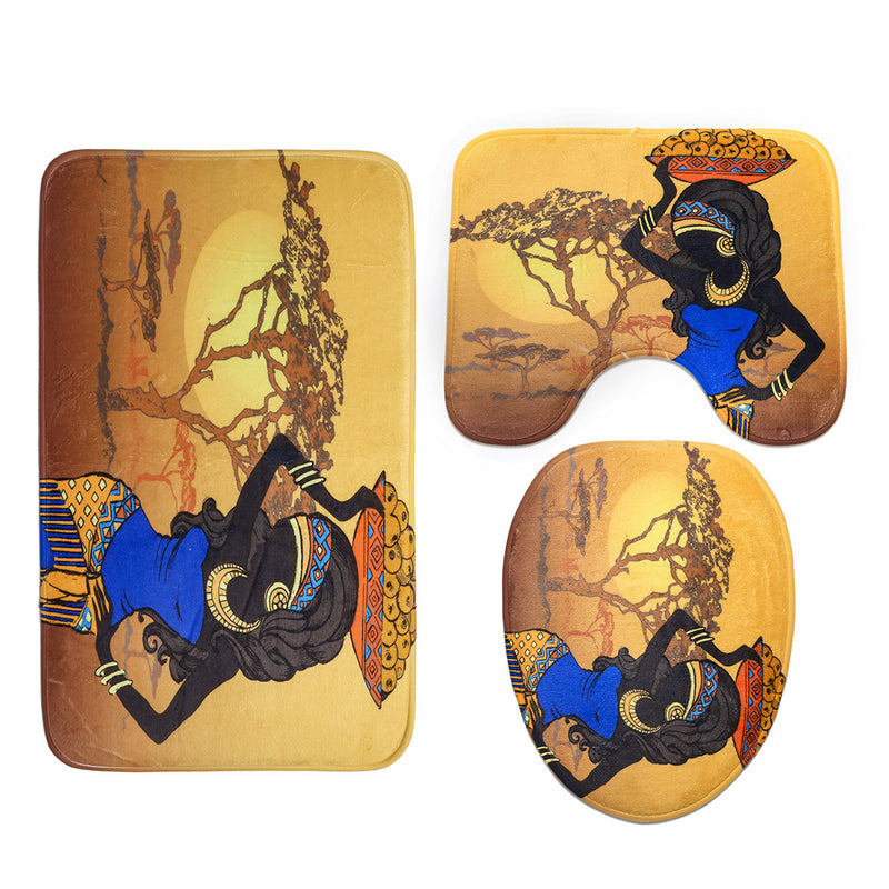 Exotic African Girls Bathroom Shower Curtain Toilet Cover Mat Non Slip Rug