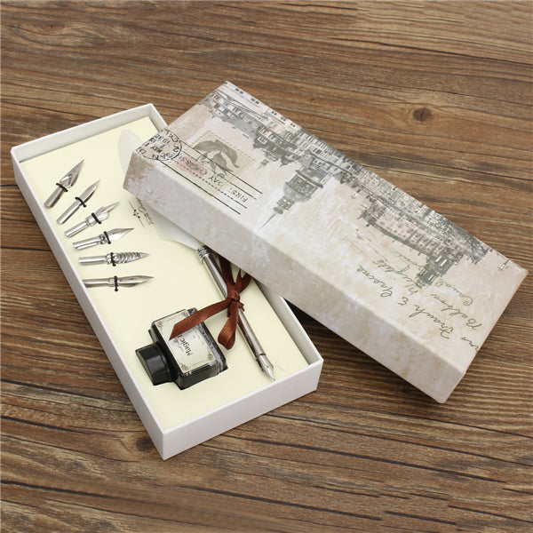 Retro Goose Feather Quill Pen Metal Nib Dip Writing Black Ink Set Collectable
