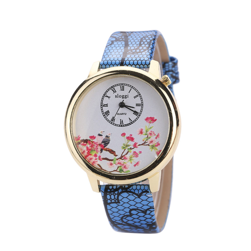 Flower and Bird Quartz Watch Casual Style Leather Strap Women Wrist Watches