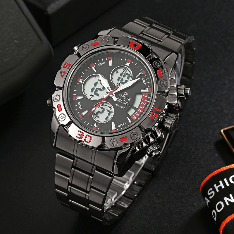 STRYVE S8018 Men Full Steel Waterproof Date Week Chrono Alarm Clock Dual Display Digital Watch