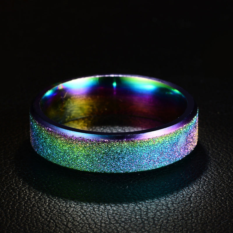 6mm Trendy Stainless Steel Magic Frosted Rainbow Color Black Couple Ring