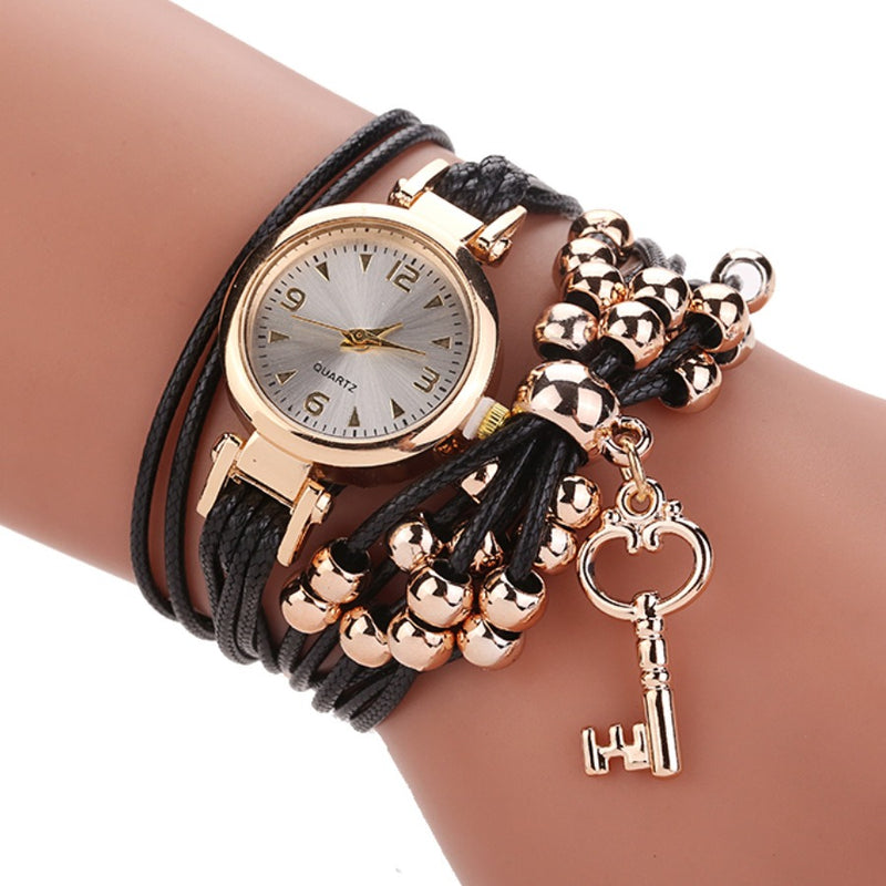 Gold Case Colorful Leather Beading Strap Ladies Dress Women Bracelet Wristband Quartz Watch