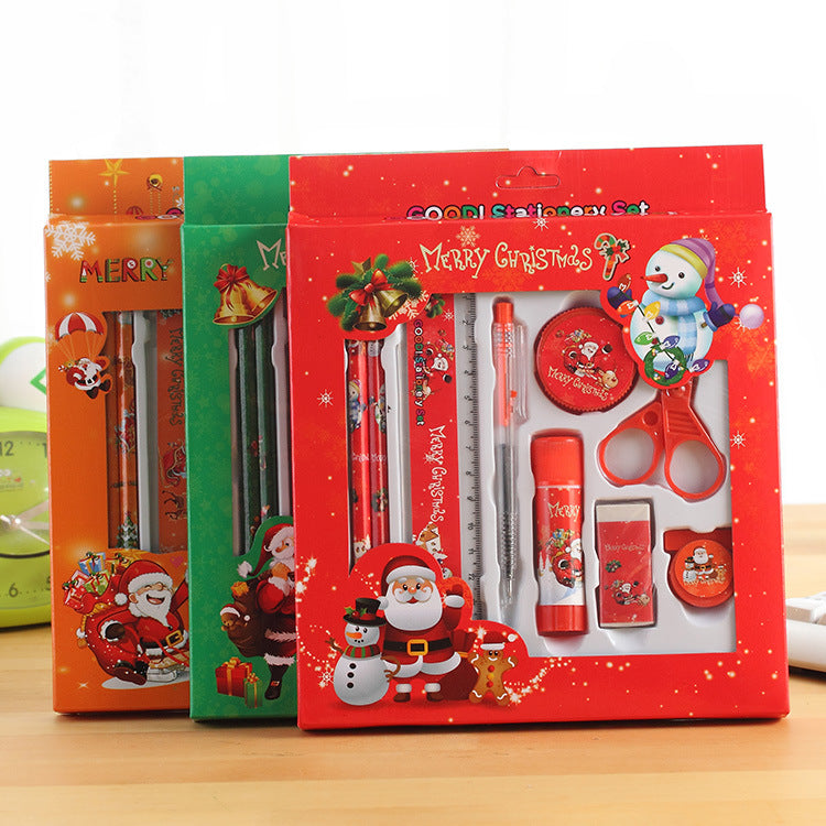 Languotu 817 9 Pcs Christmas Stationery Set Santa Pencils Ruler Eraser Solid Glue Pencil Sharpener Scissors School Students Supplies Christmas Gift Box