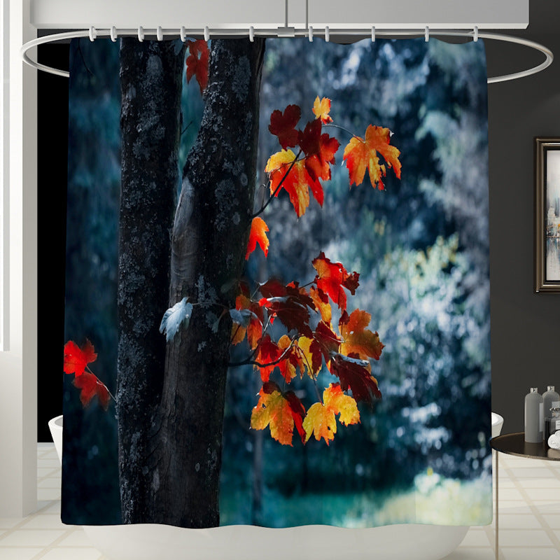 1.8M Maple Prints Bath Shower Curtain Fabric Bathroom Decor Set with 12 Hooks