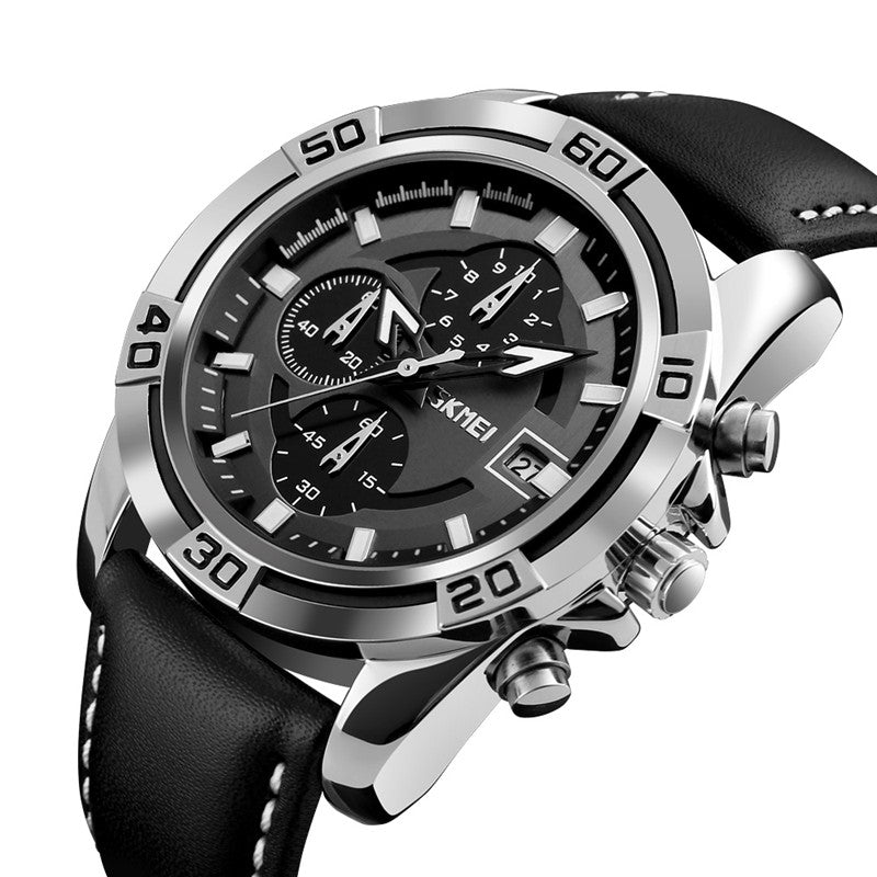 SKMEI 9156 Sport Watch Chronograph Leather Strap Waterproof Men Quartz Wrist Watch