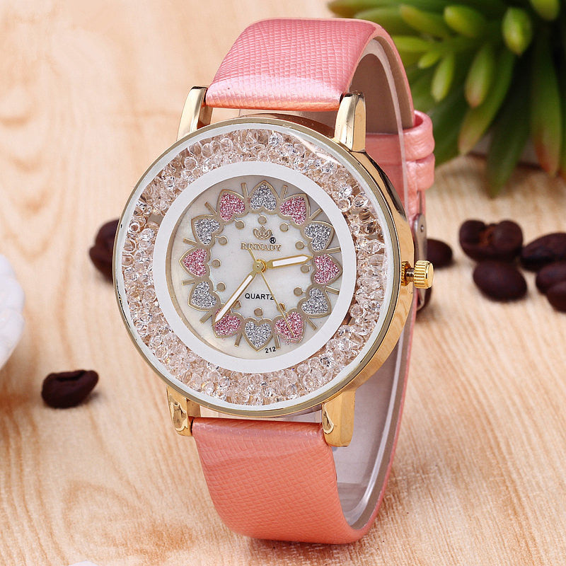 Crystal Shining Dress Ladies Watch Rose Gold Case Leather Strap Quartz Watches