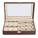 Multi-grid Wood Leather Glasses Box Glass Storage Watch Display Case