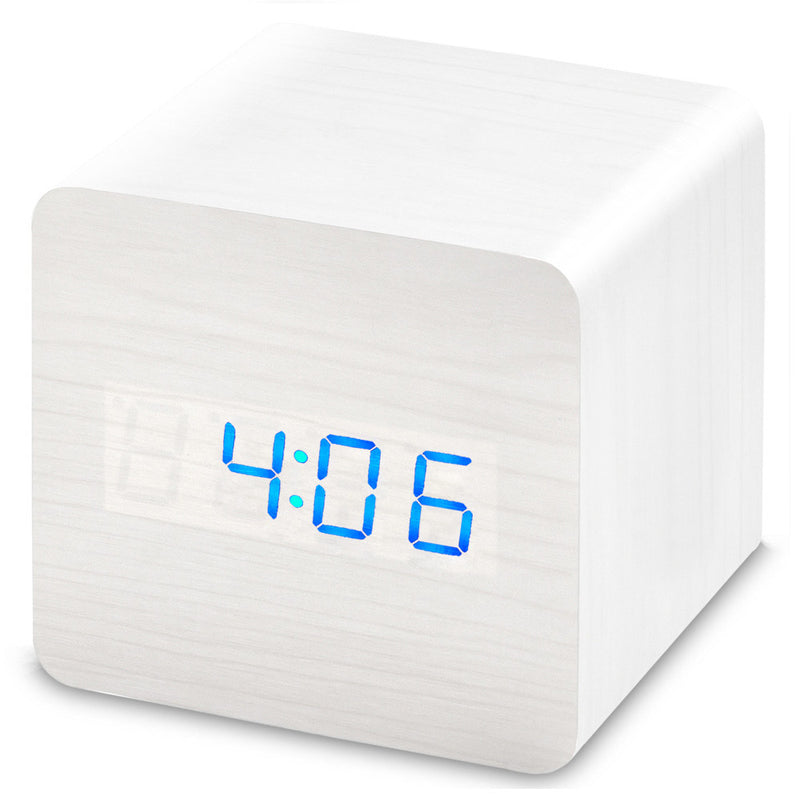 Voice Activated Electronic LED Display Wooden Alarm Clock Temp Display Power Off Memory Function