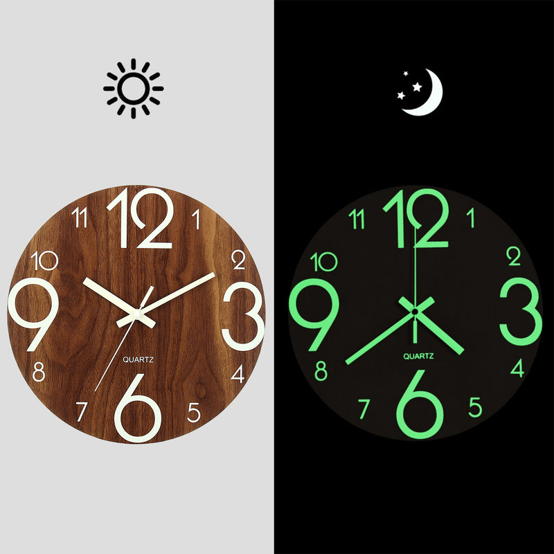 12" Luminous Wall Clock Quartz Wooden Silent Non Ticking Dark Home Room Decor