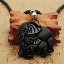 Black Obsidian Lucky Elephant Pendant Hand Carved Beads Necklace
