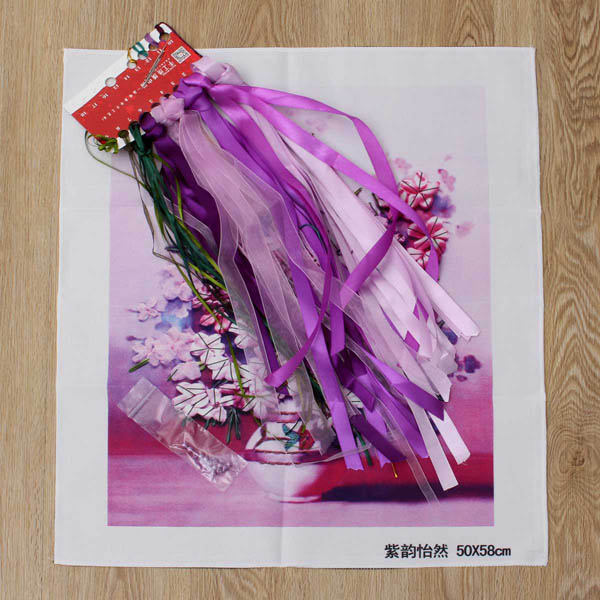 50x58cm 3D Silk Ribbon Purple Flower Cross Stitch Kit Embroidery DIY Handwork Home Decoration