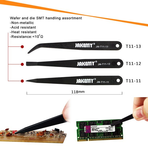 JAKEMY JM-T11 3pcs Nylon Anti-static Tweezers Set Triad Fix Repair Tool Kit for Electronic Components