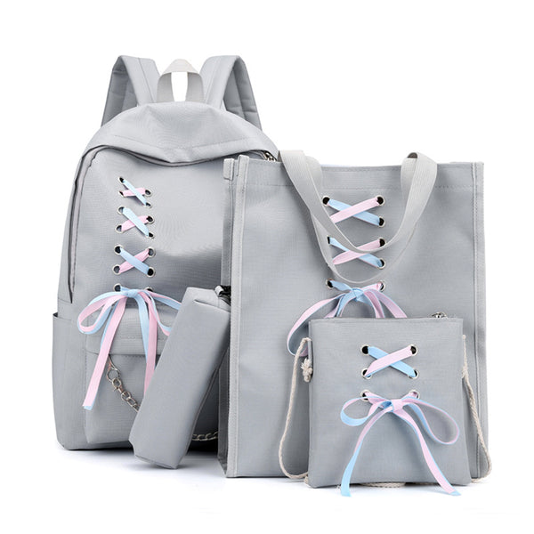 4Pcs/Set Canvas Backpack Rucksack Teenage Girls School Bag Handbag Outdoor Travel