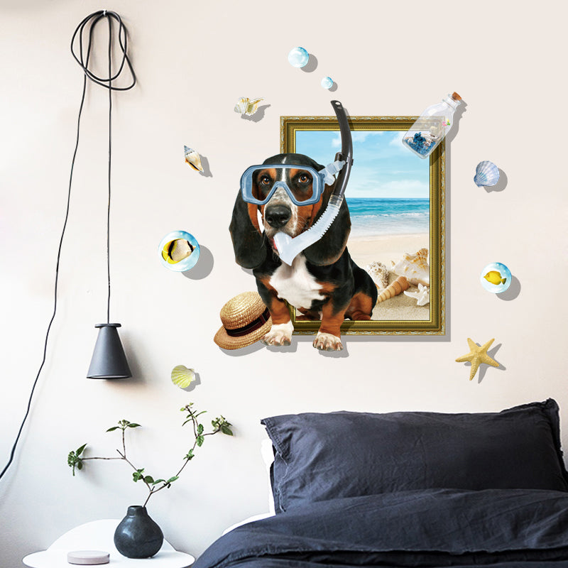 Miico Creative 3D Cartoon Summer Diving Dog Frame PVC Removable Home Room Decor Sticker
