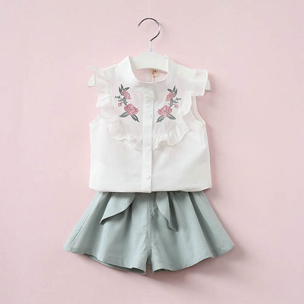 2PCS Summer Girls Clothing Set Floral Shirts+Short Kids Outfit Set For 2Y-9Y