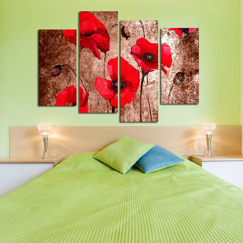 Miico Hand Painted Four Combination Decorative Paintings Red Flowers Wall Art For Home Decoration