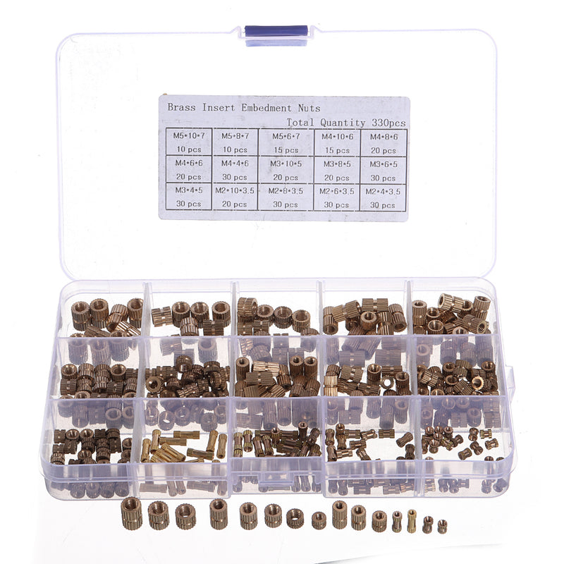 Suleve MXBN7 330Pcs M2/M3/M4/M5 Knurled Brass Round Female Thread Knurled Nuts Round Insert Embedment Nut Assortment Set