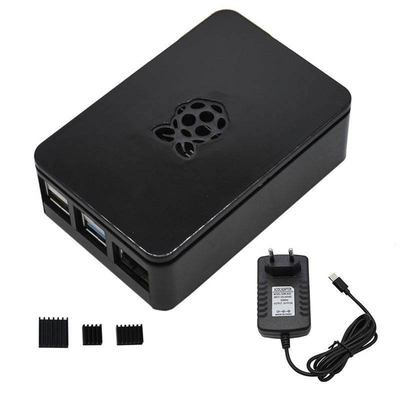 Updated ABS Enclosure Box V4 Case+5V/3A EU Standard Plug Power Supply+3*Black Heat Sink Set for Raspberry Pi 4
